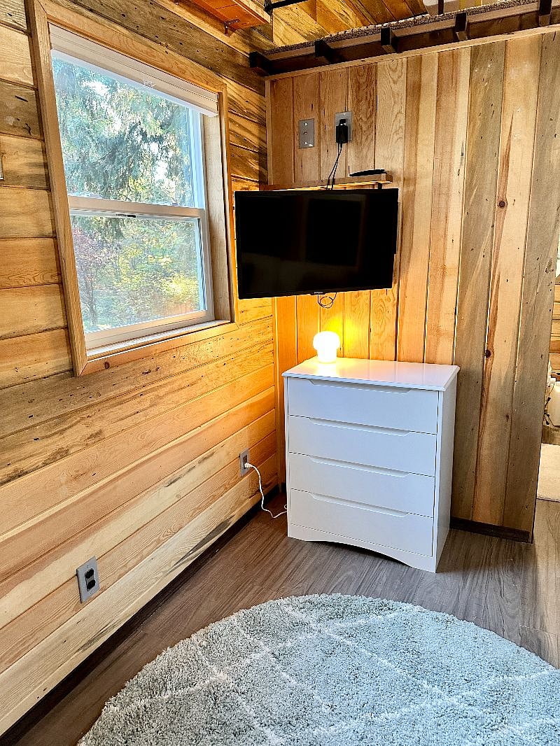 The tv swings on its mount so you may chose the viewing angle that works best for you.