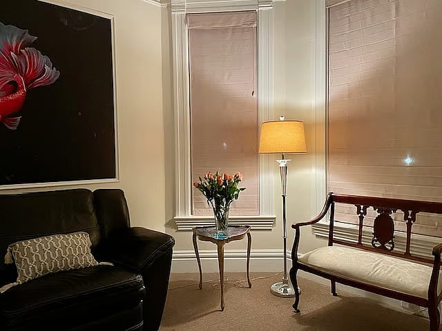 Livingroom after dark; another magic time to chill with a book and a glass of California wine.