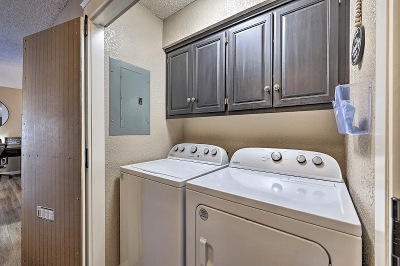 Full size washer and dryer with starter laundry pods, first aid kit and emergency sewing kit