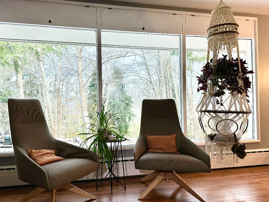 Gorgeous midcentury modern styling with a view of the forest behind the house!