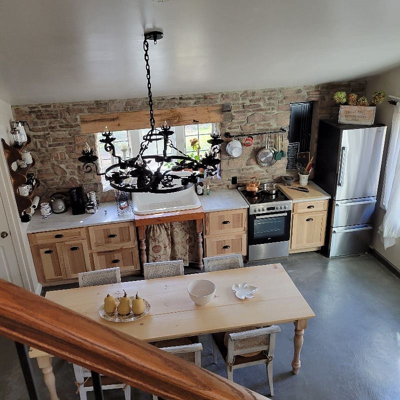 View of the kitchen from the stairs.