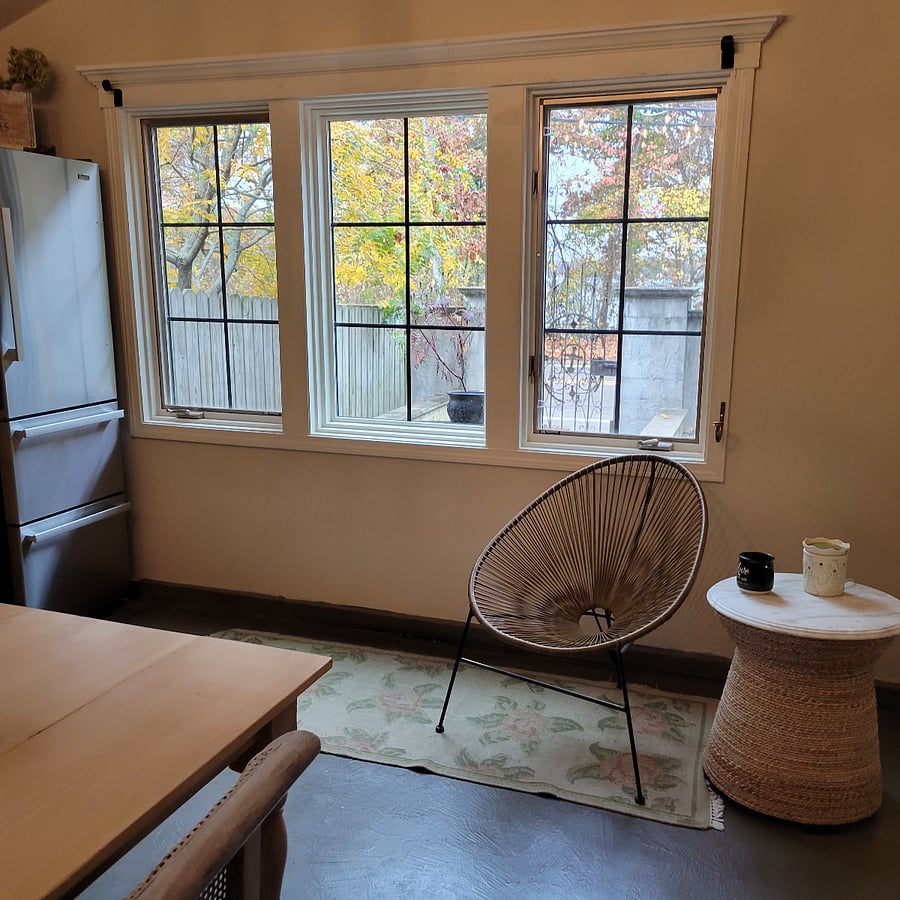 Large view of the kitchen widow and a beautiful view of the James Turner reservoir.