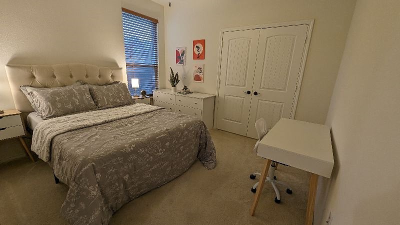 A workplace is set up in the bedroom if you need to work from home.