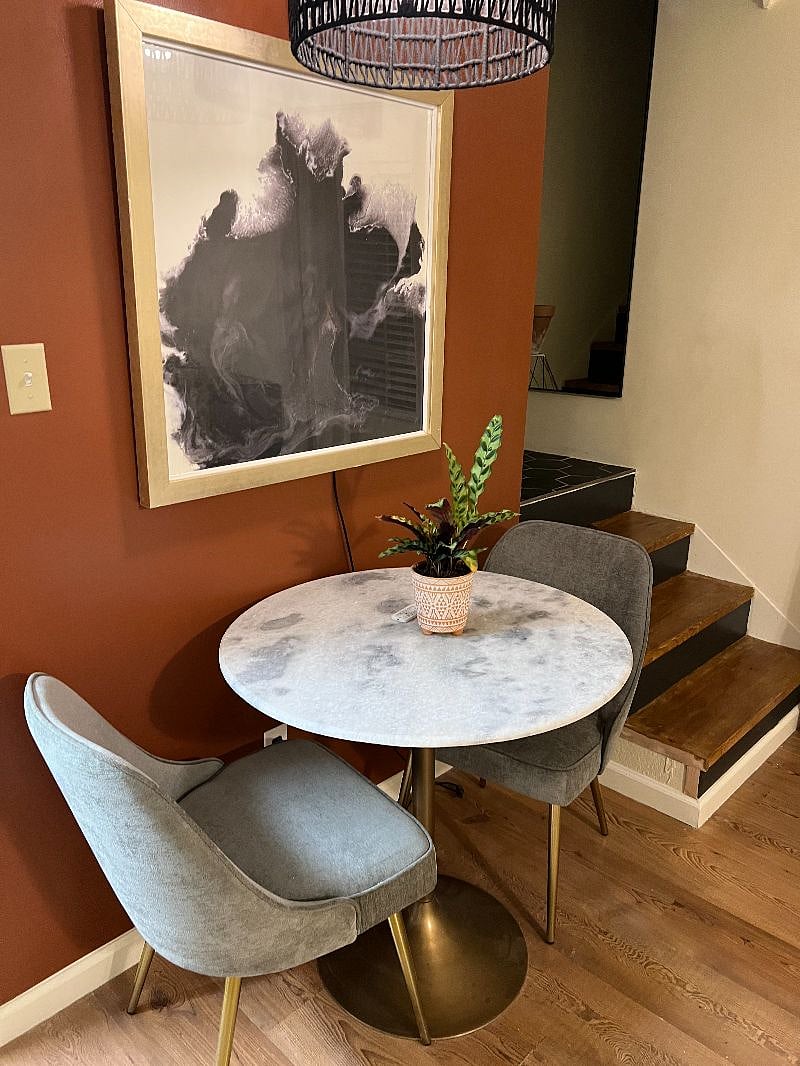 Eat in kitchen with marble top table.