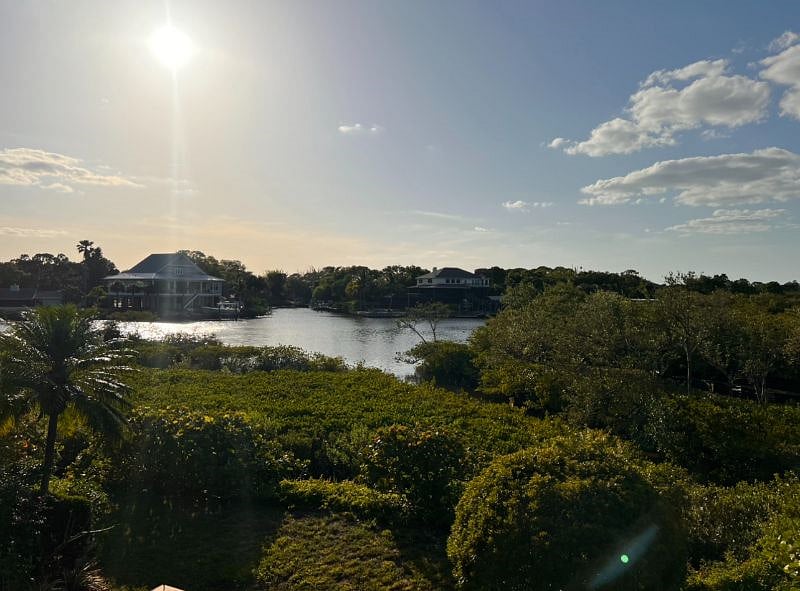 view from balcony overlooking the bayou at high tide