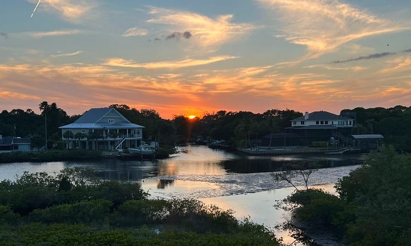 view from balcony overlooking the Bayou at low tide