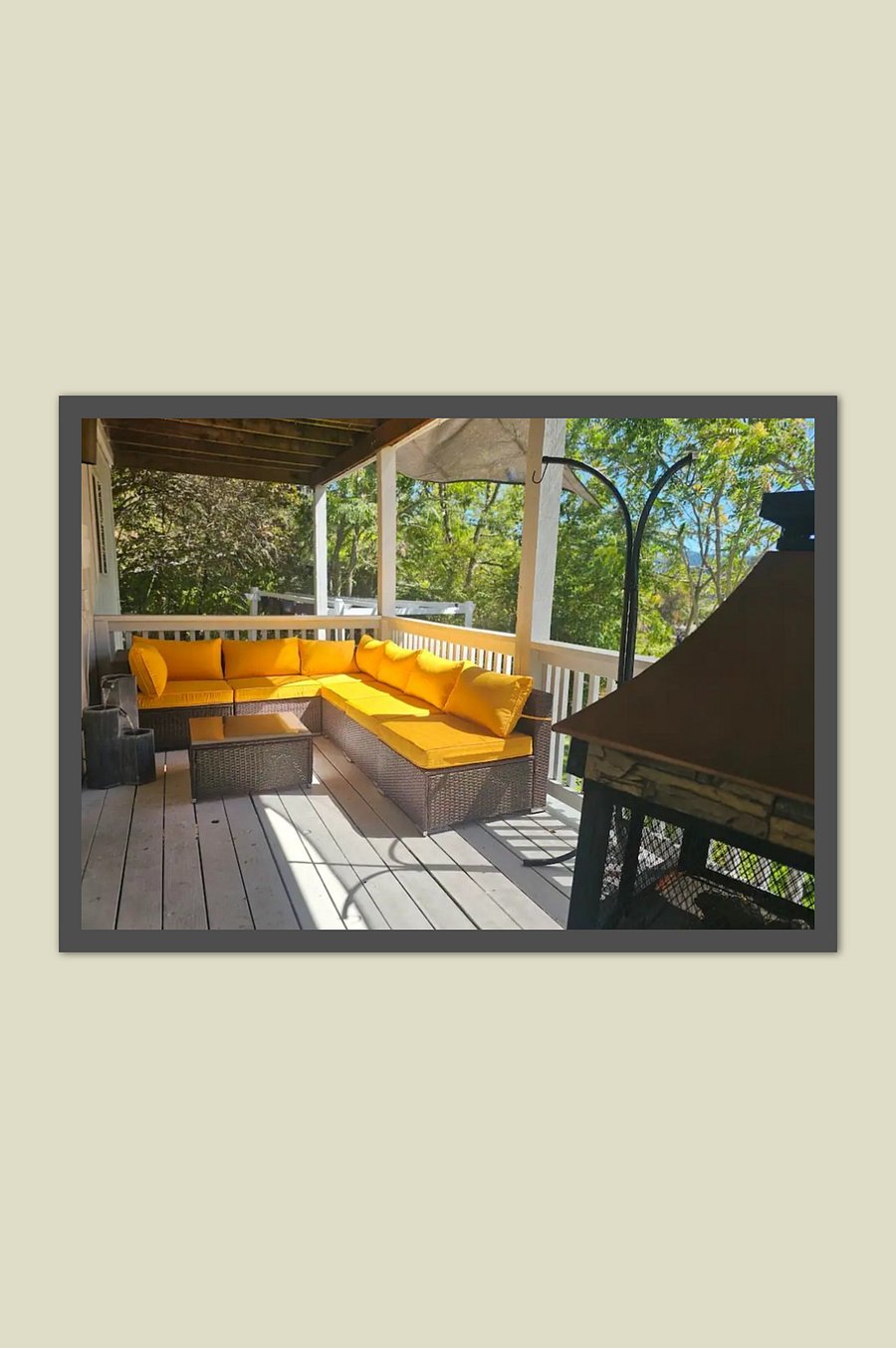 An amazing private deck to enjoy with a relaxing fountain and incredible views of Downtown Roseburg.