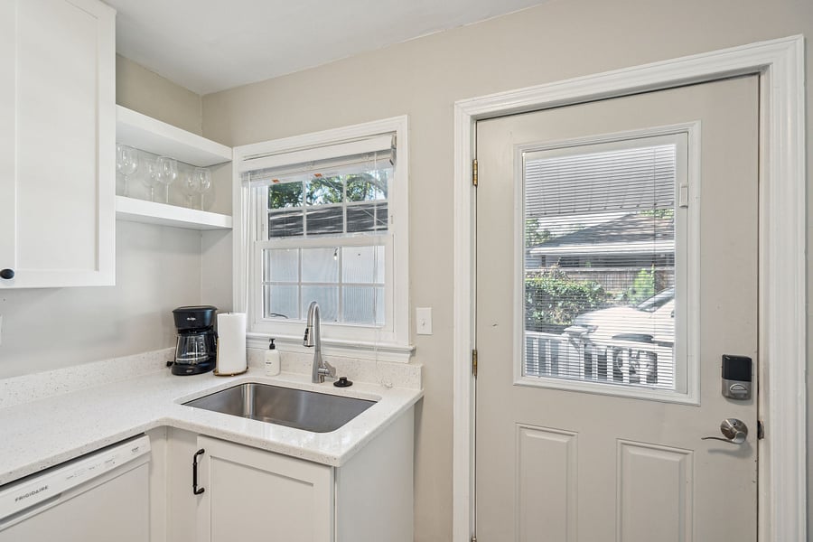 The newly renovated kitchen comes fully stocked with everything you need, including modern appliances. Coffee maker, hot water kettle, and starter coffee, cream and sugar provided!