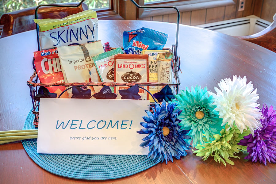 Emergency snacks in welcome basket for every new guest (plus starter supplies in kitchen, bath, & laundry)
