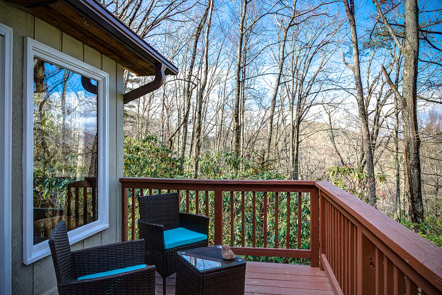 Back Deck seating area outside dining room. Late November. (Note - outdoor seating is put into storage during snow season, usually Jan-Feb)