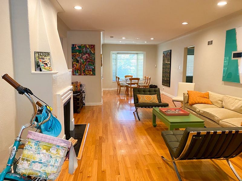 Enter home, living room, fireplace