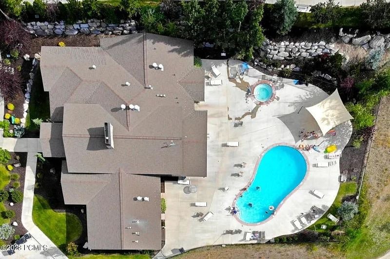 Aerial view of pool and hot tub