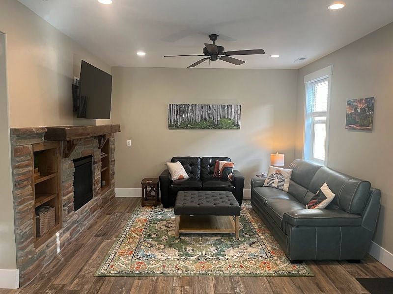 Comfortable family room with smart tv, gas fireplace