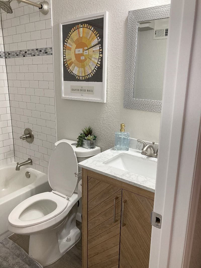 Bathroom vanity and shower.