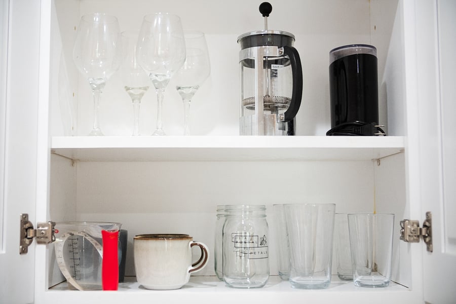 Glasses, mugs, french press, & coffee grinder