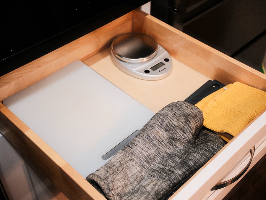 cutting boards, kitchen scale, oven mitts, etc.