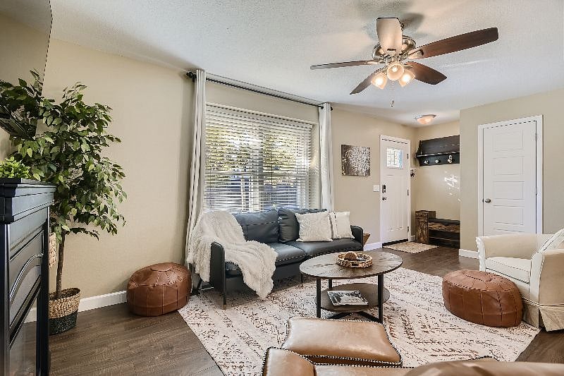 Leather sofa, cozy rug, coffee table