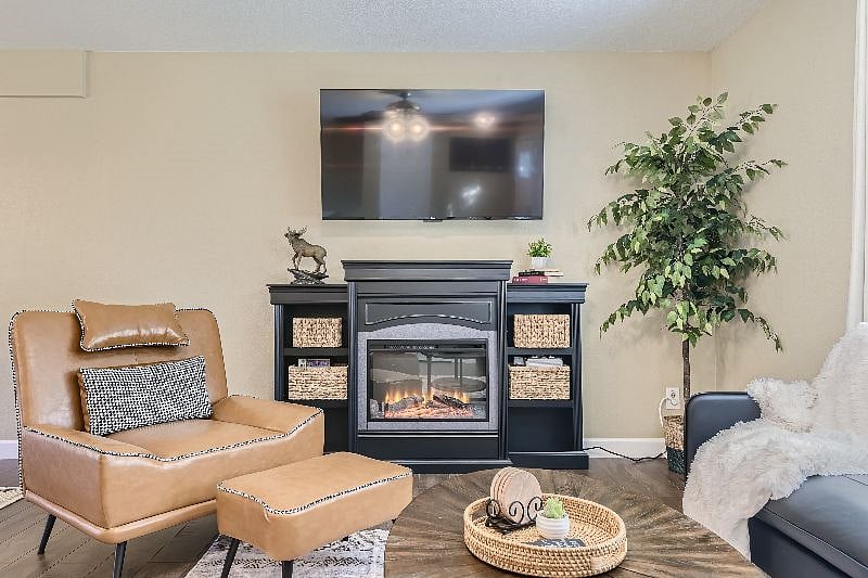 MCM chair, fireplace