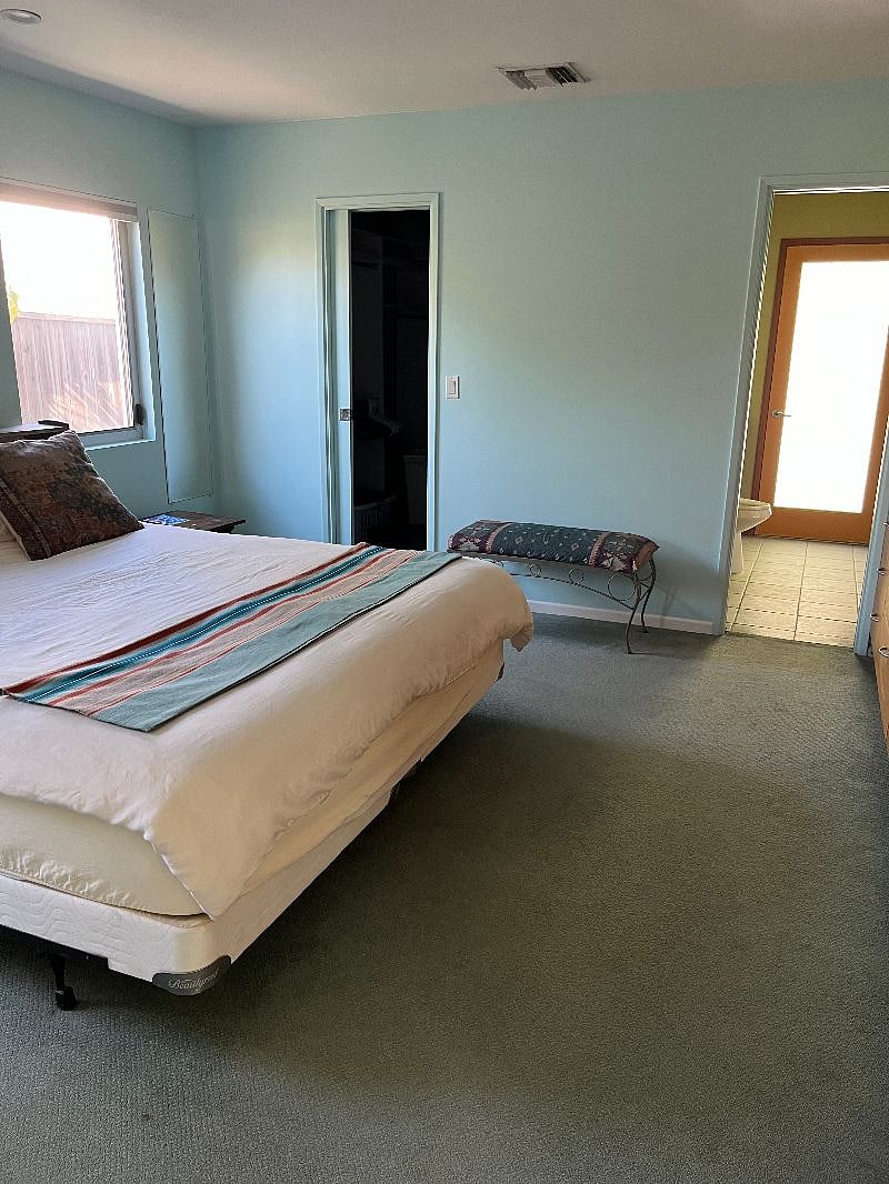 Large bedroom with king bed and adjacent roomy closet and half-bath.
