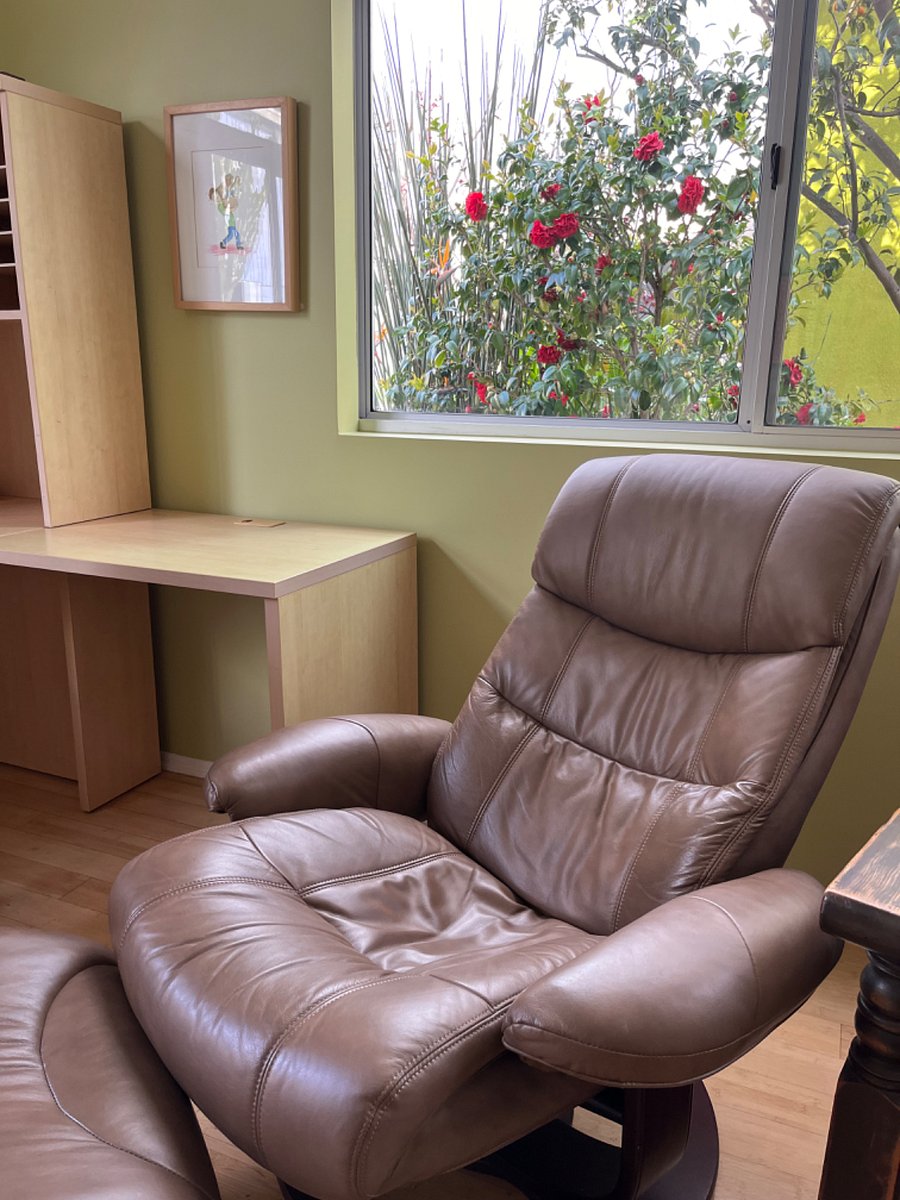 Comfy, movable easy chair with ottoman.