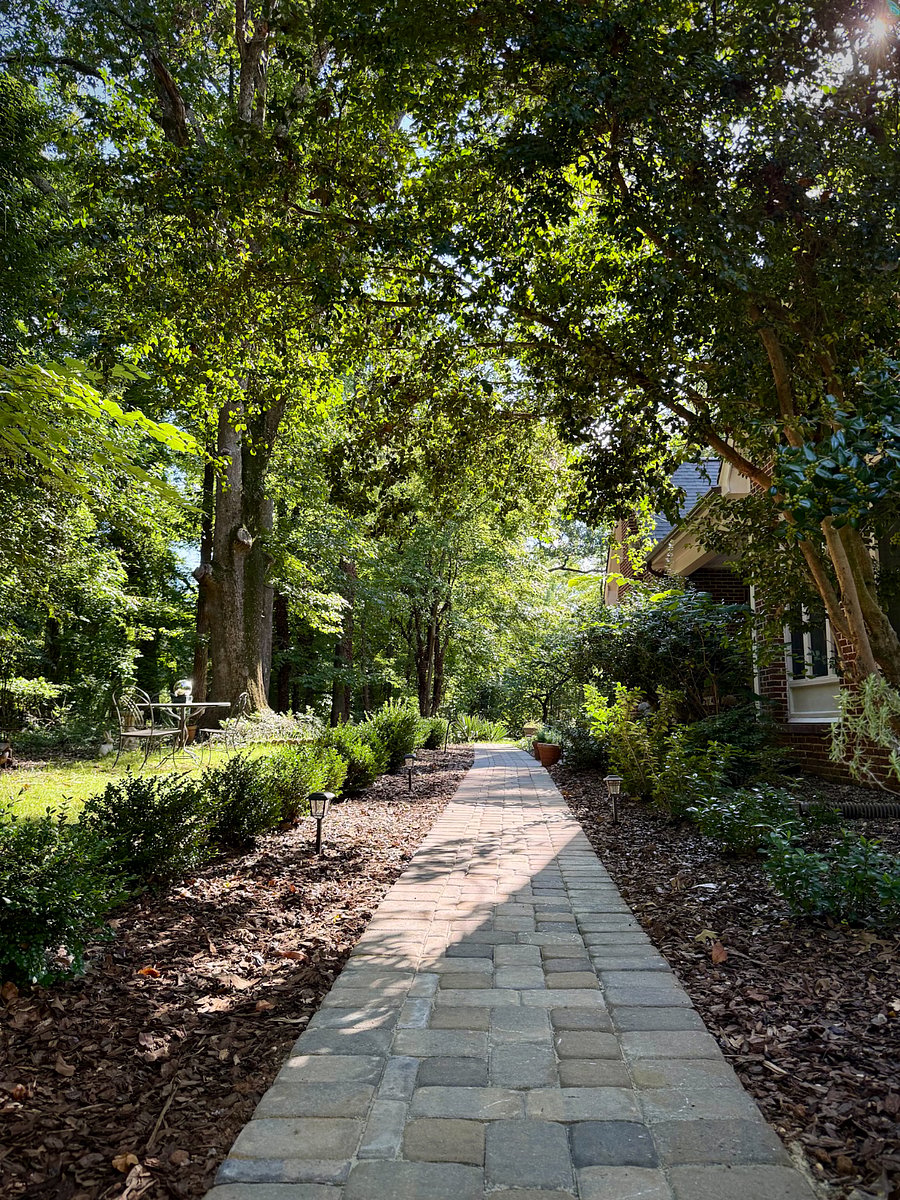 path along woods leading to outside dining table, covered porch & screen porch