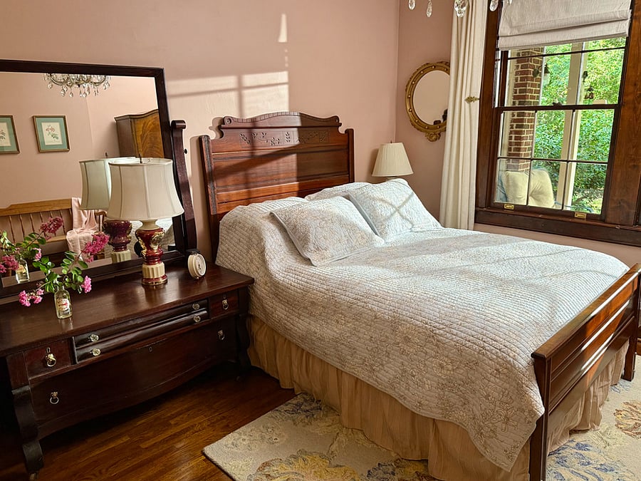 Woods view bedroom 3, queen bed, blackout shades and attached full bath