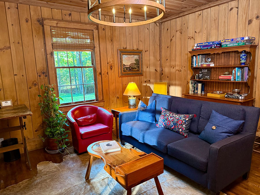 Den with games and reading material, some vintage.