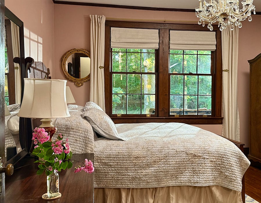 Woods view bedroom 3, queen bed, blackout shades and attached full bath