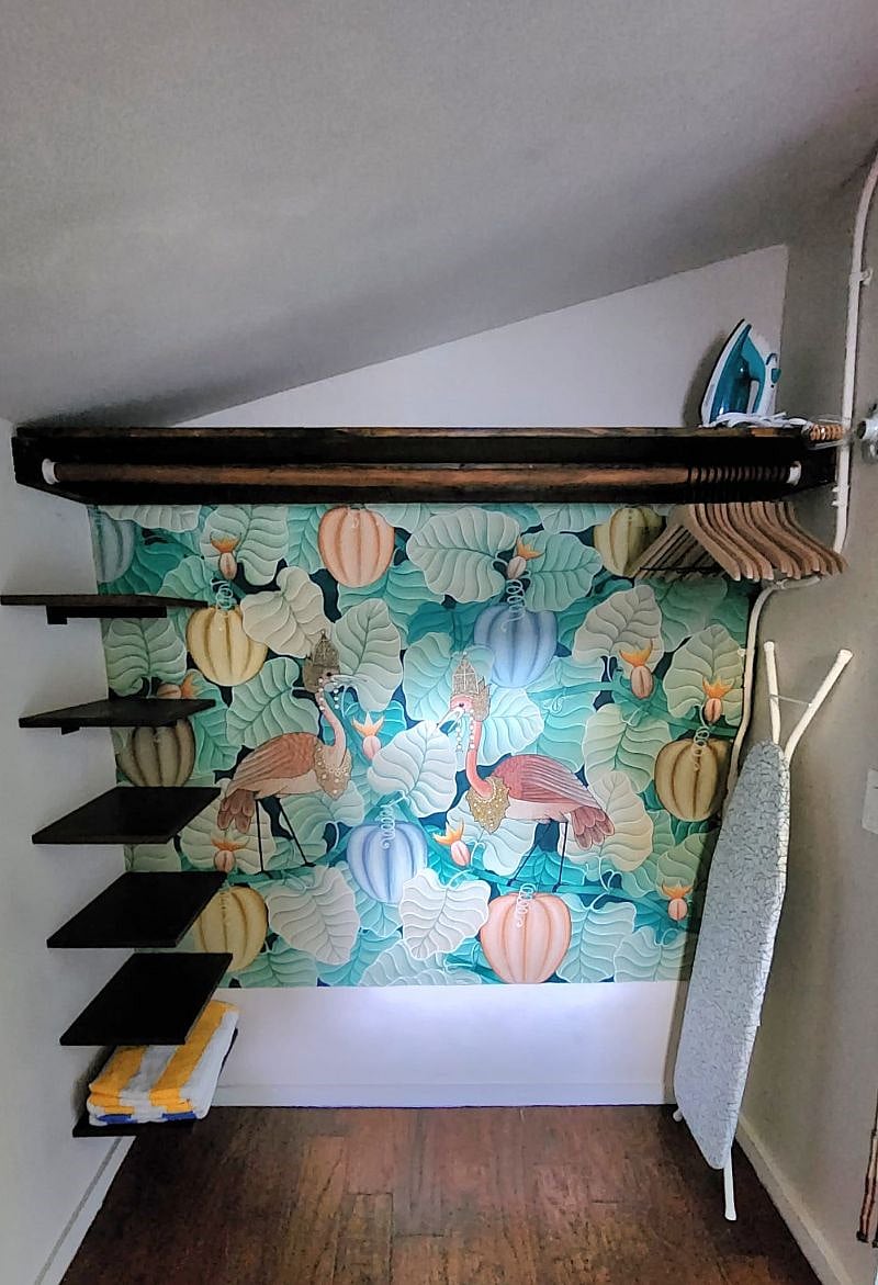 Original Indonesian Flamingo Artwork Closet with hanging and shelf space, iron with board