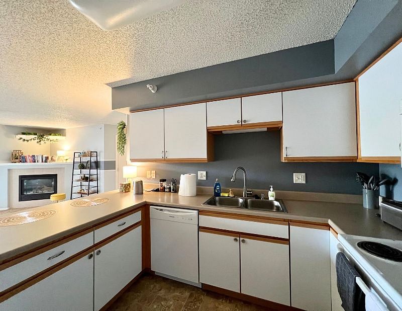 Fully-equipped kitchen with fridge, dishwasher, stove, and microwave.