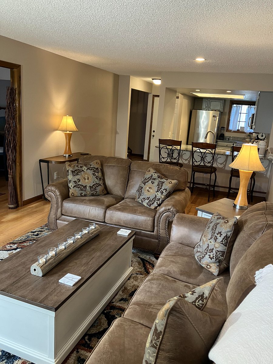 Living room with full-size leather sofa bed, with kitchen in background.