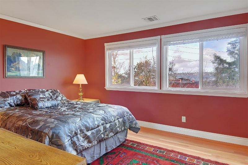 Second Bedroom featuring lovely views of South Lake Union, queen bed.