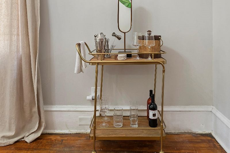 Fully equipped bar cart for all your nightcap needs.