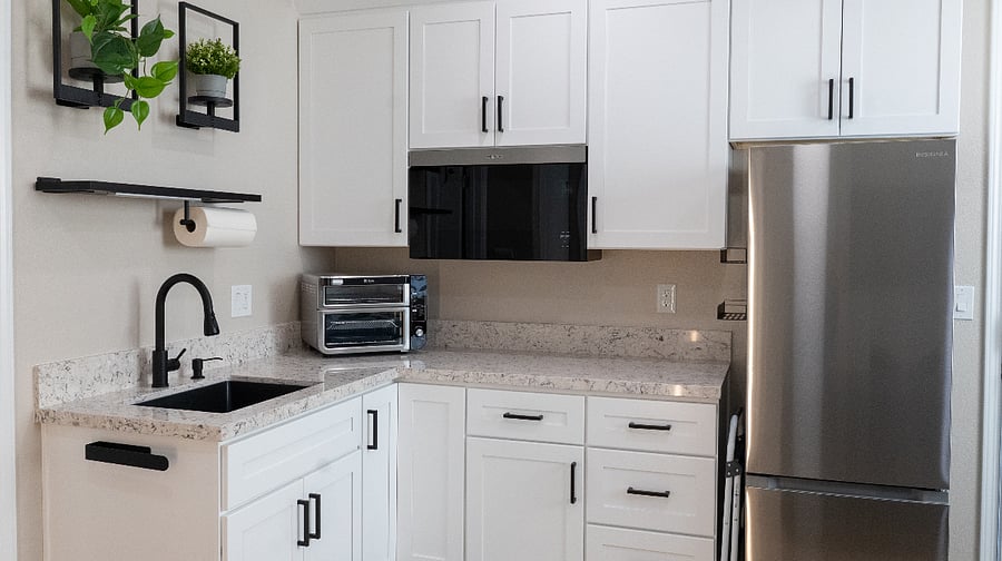 Kitchenette - 11.5 cu ft fridge, Ninja double countertop oven w/ air fryer, portable single burner cooktop
