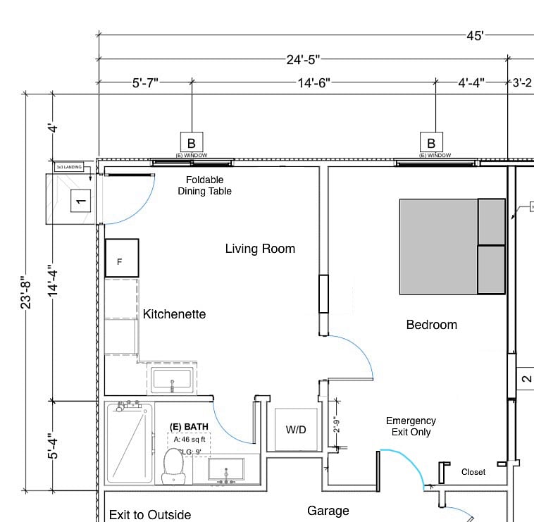 Unit floor plan. Located on 1st floor below the master bedroom/bathroom of main house.