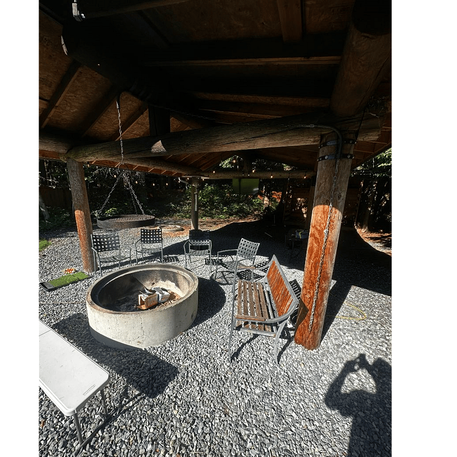Covered fire pit in backyard