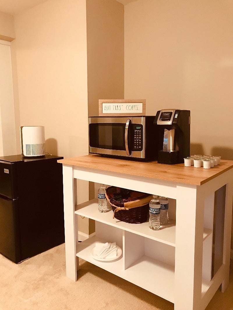 Coffee-bar with single-serve coffee maker, mircowave, and. a mini-fridge. 