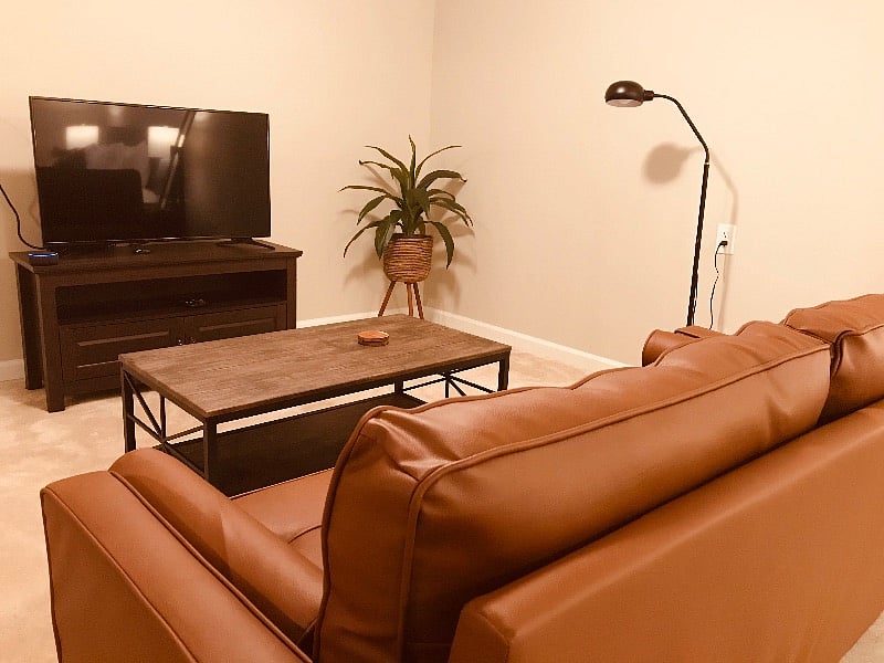 Living area in private basement studio with a flat screen Roku-enabled TV, two plush leather chairs, and a large coffee table.