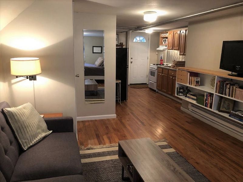 view from living room into kitchen
