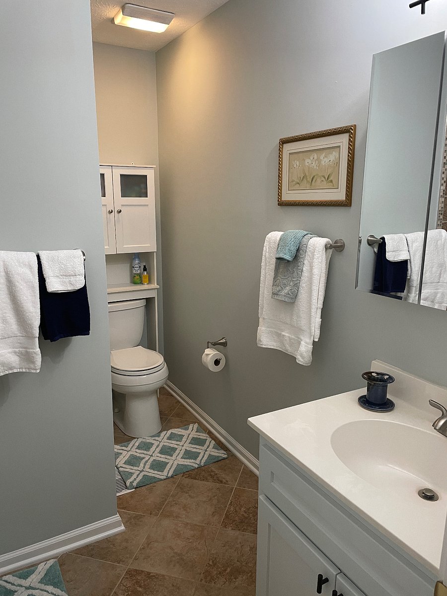 Full bathroom with shower-tub combination; plenty of towels; shampoo, conditioner, body wash, & bar soap. Hair dryer is under the sink.
