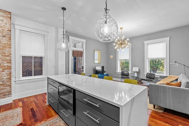Updated kitchen with quartz counters and large center island