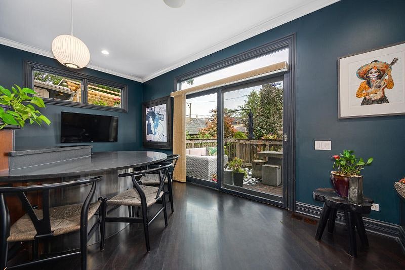 Dining table, view of backyard.