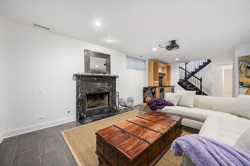 Basement fireplace.