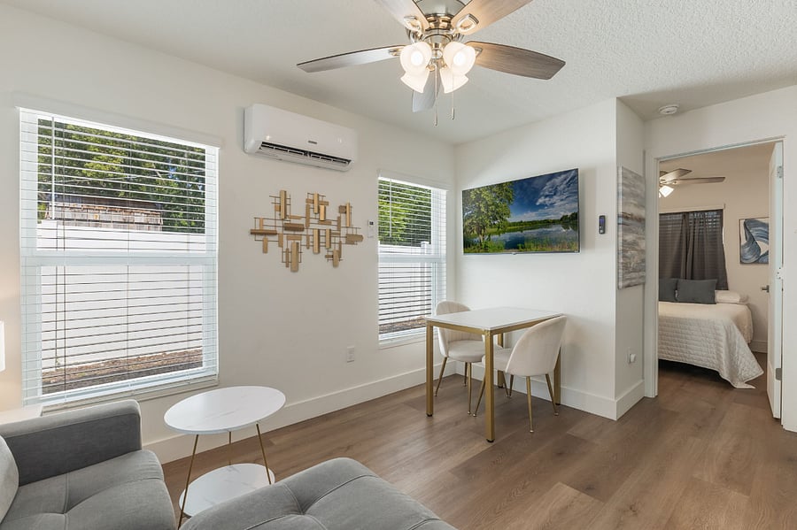 Retro Styled "Main Room", smart TV, dinette and chairs.