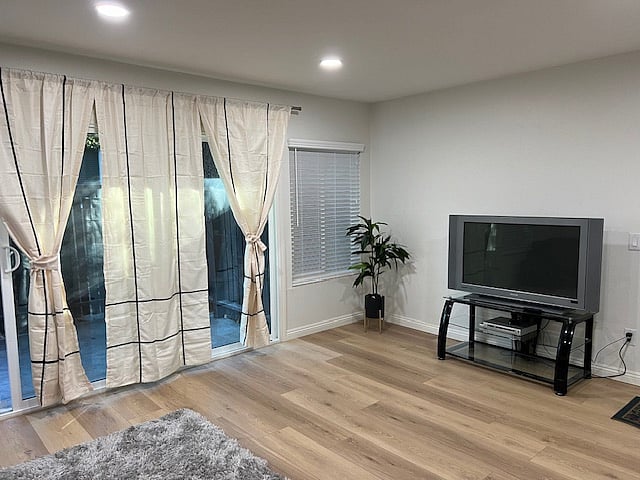 Living room with a large patio.