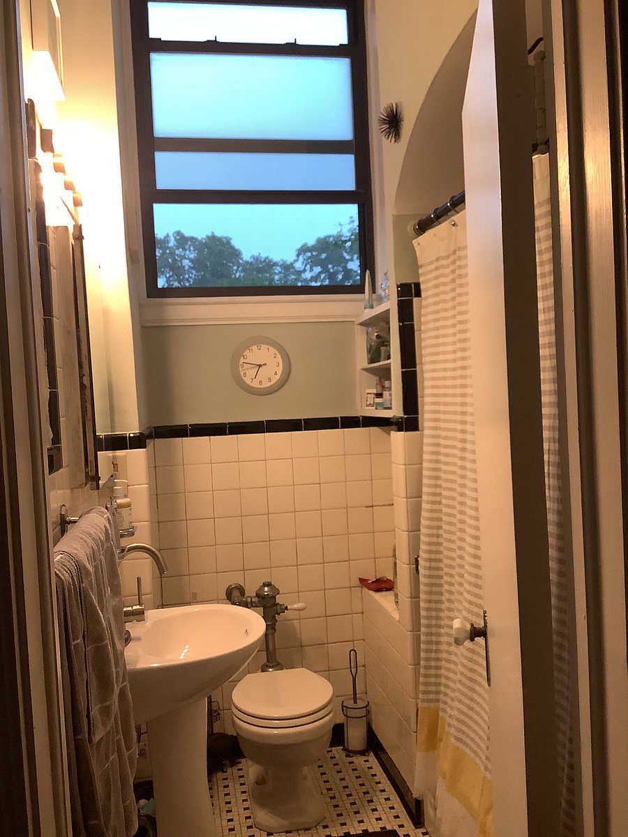Powder room with frosted glass windows for privacy and a vintage cast iron soaking tub.