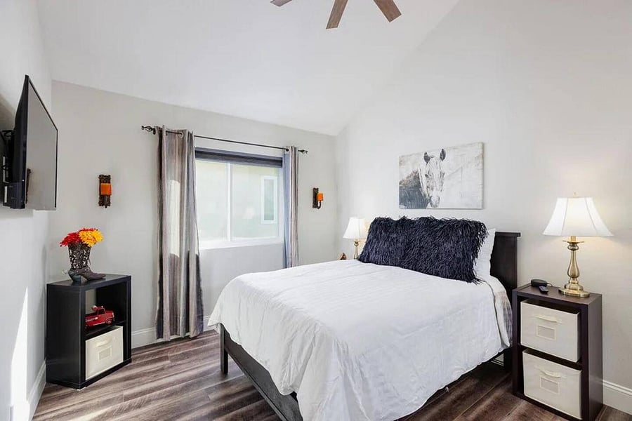 A cozy bedroom with a warm, inviting atmosphere.