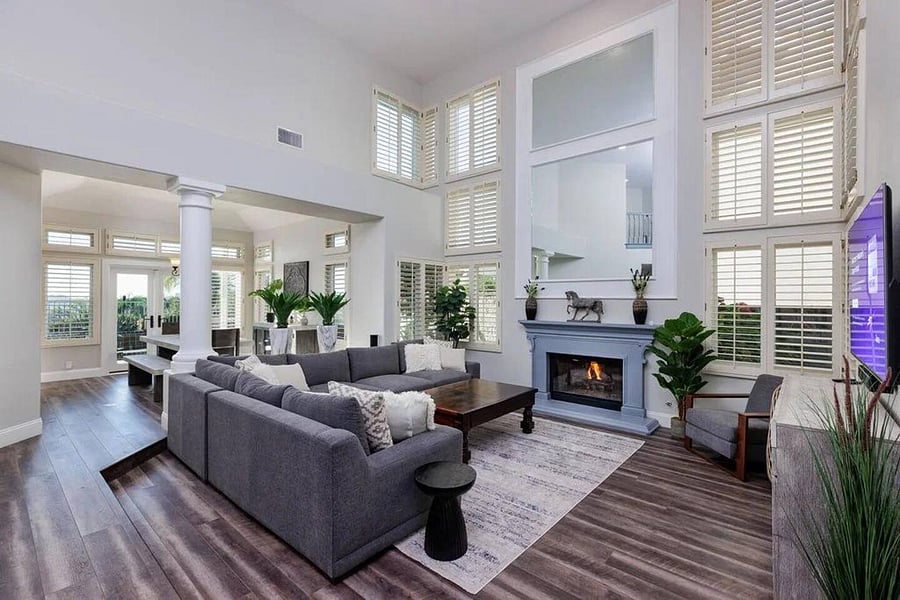 Modern Spacious  Formal Living room. Perfect  for entertaining, or just a quiet eve by the fireplace, and 65" smart  Hi Def TV.   Room also equipped with Alexa.