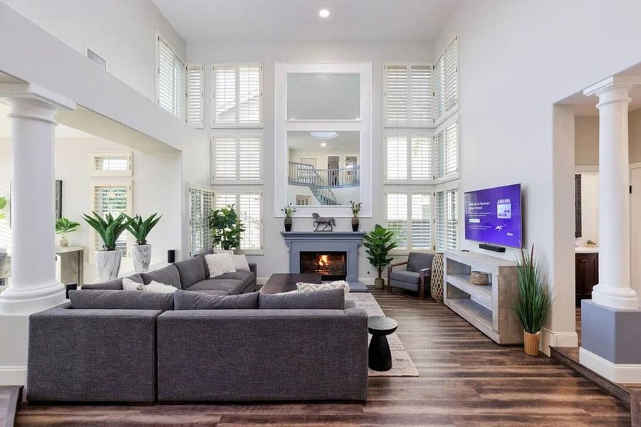 Modern Spacious  Formal Living room. Perfect  for entertaining, or just a quiet eve by the fireplace, and 65" smart  Hi Def TV.  Room also equipped with Alexa