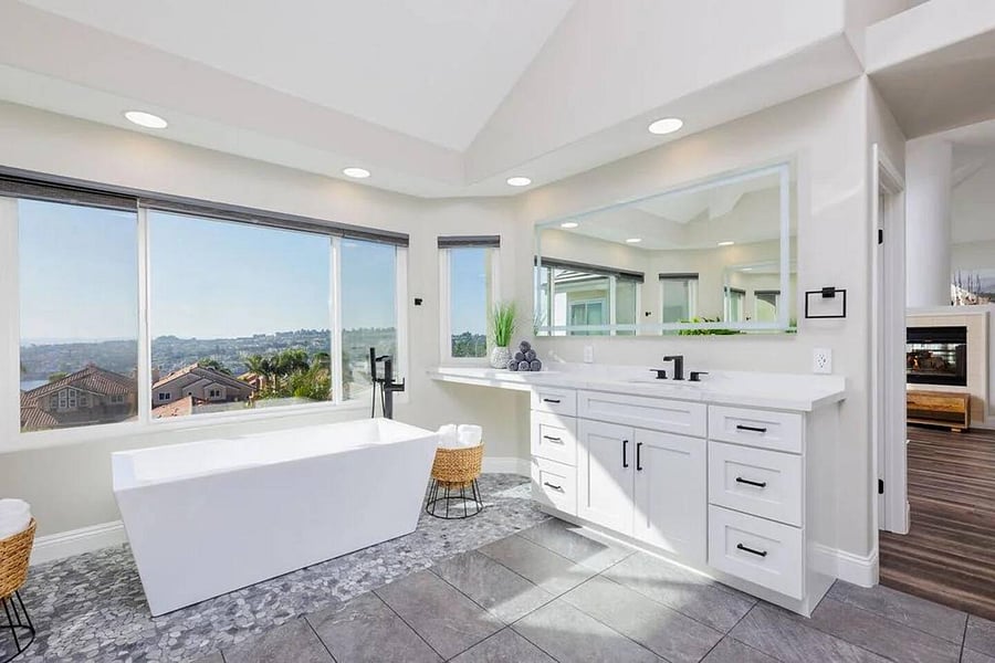 Relax in luxury in this  serene, intimate spa style master bath over looking California's Beautiful Lake Mission Viejo.